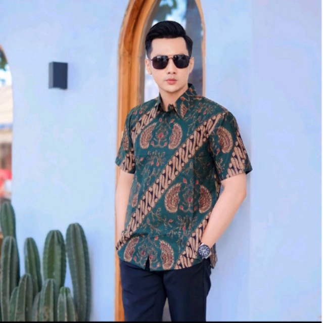 KEMEJA BATIK HIJAU baju batik pria lengan pendek full furing premium