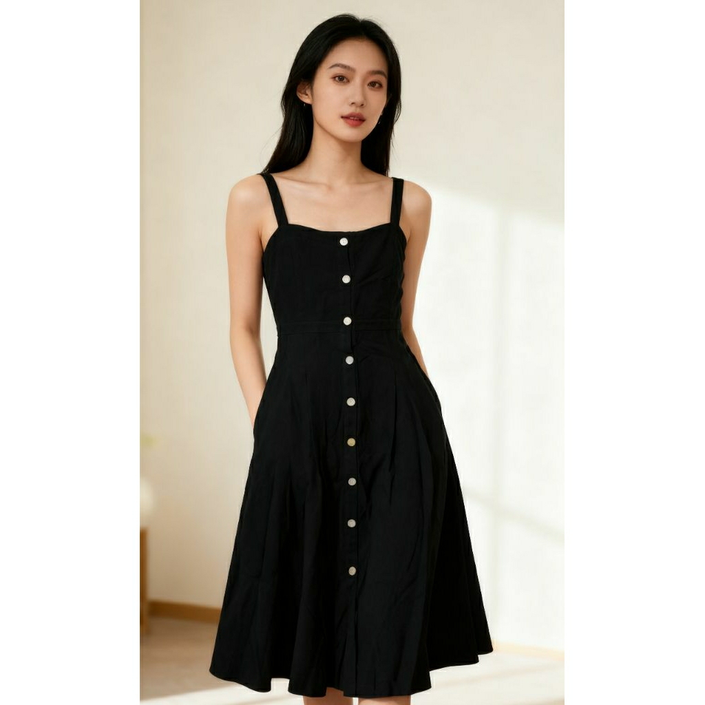 (NEW) OVERALL OL LINEN BLACK BUTTON DRESS HITAM A LINE KOREA ORI CHINA