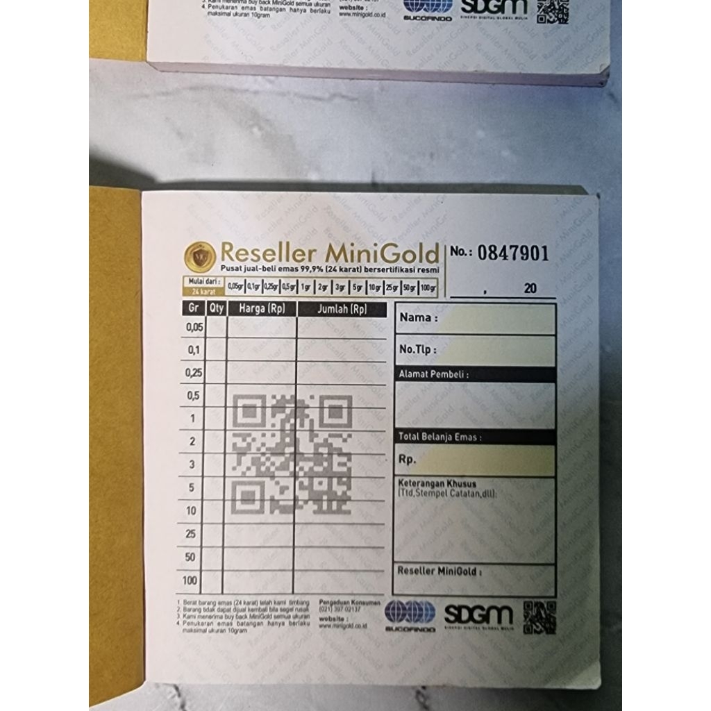 nota / kwitansi emas minigold