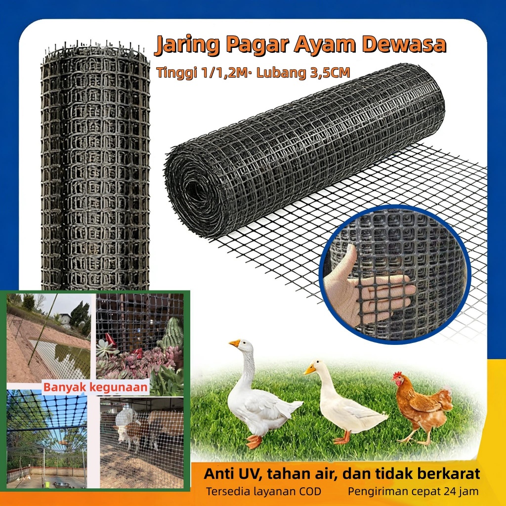 Pagar Jaring Plastik HDPE 1/1,2 Meter |Kandang Ayam | Jaring Kebun & Tanaman | Pagar Ayam Permanen L