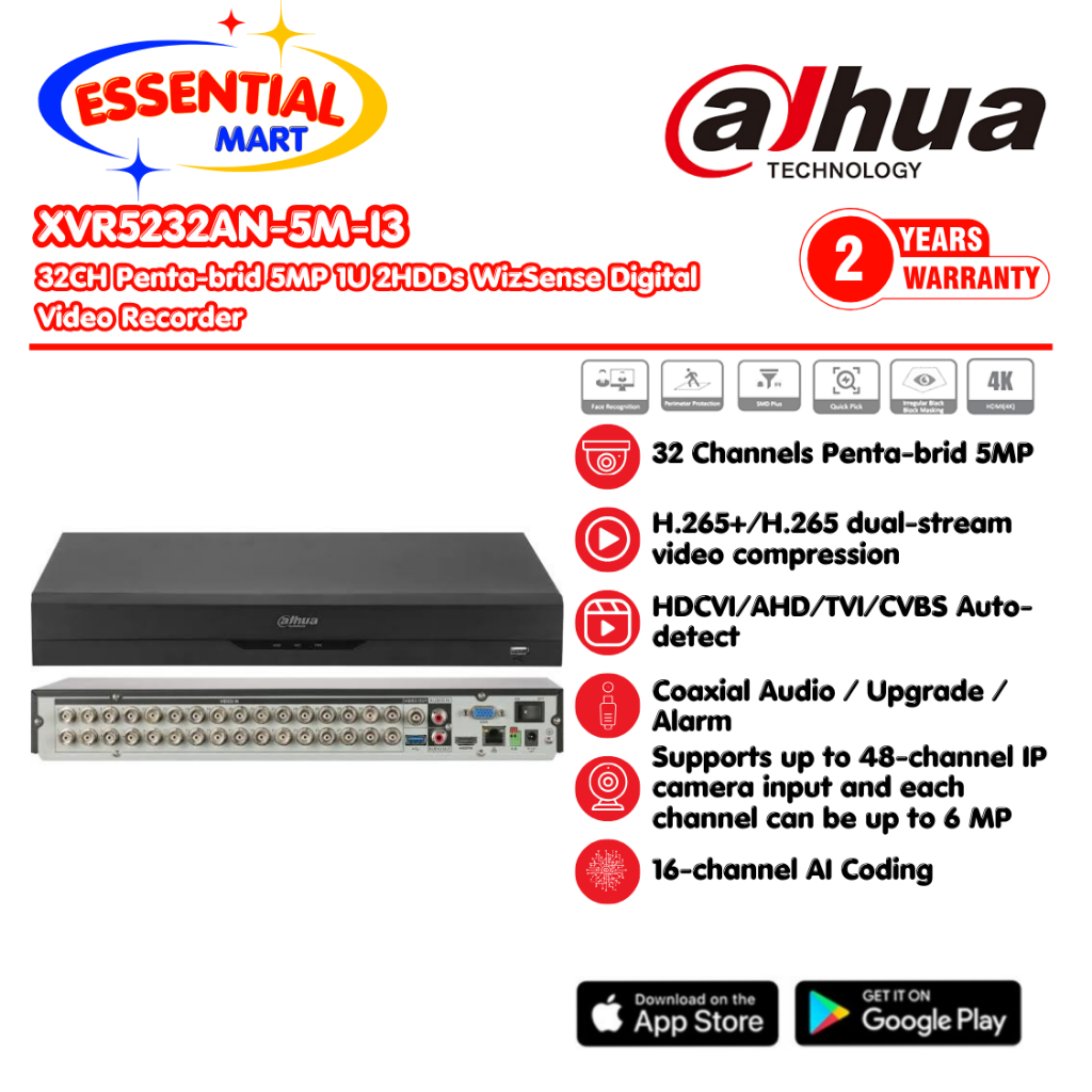 DVR 32 Channel Dahua DH-XVR5232AN-5M-I3 5MP 2 SATA WizSense Cooper