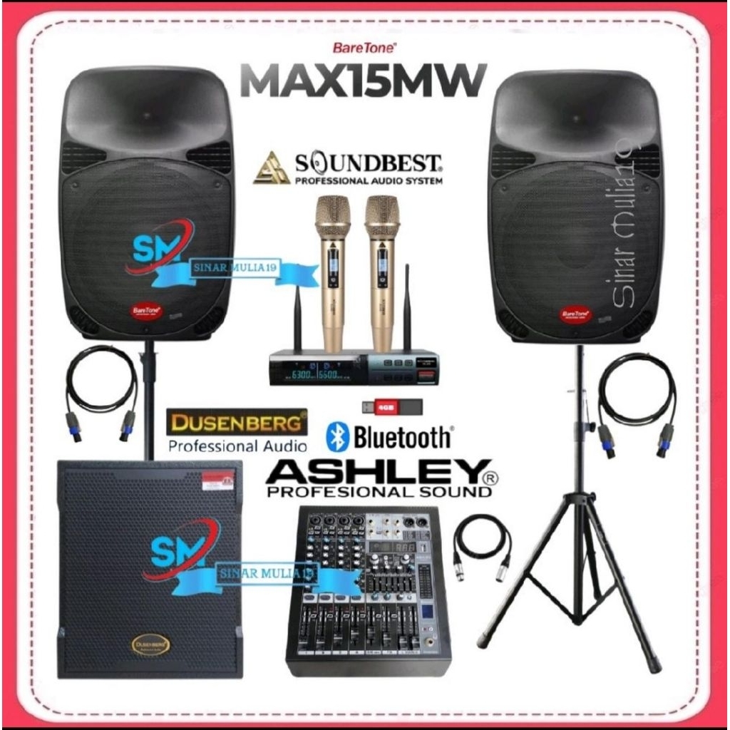 Paket Sound System Speaker 15 Inch Pasif BareTone MAX15MW Subwoofer Aktif DusenBerg dB 12 Pro Power 