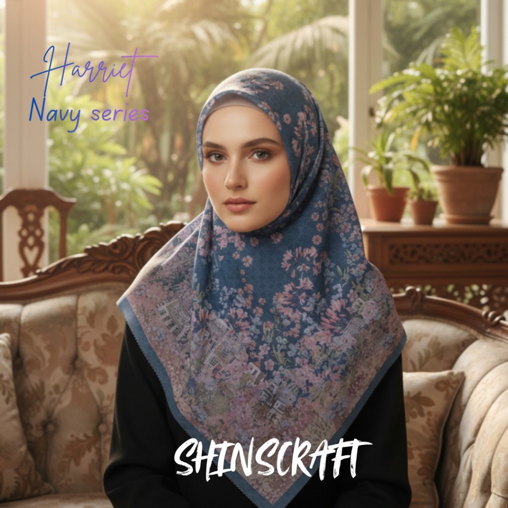 SHINSCRAFT Hariet Navy Series – Hijab Segi Empat Voal Premium 110x110 Motif Printing Navy  Elegan, L