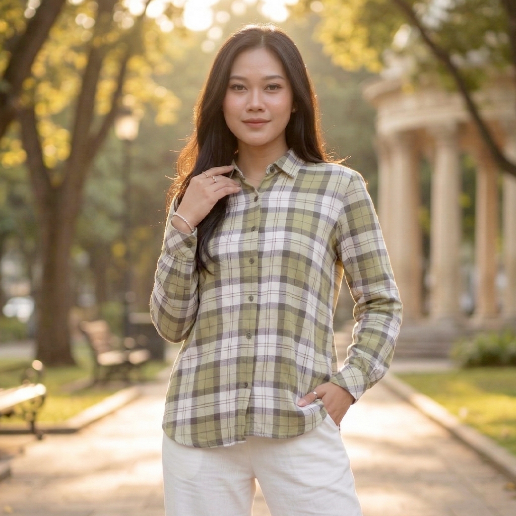 Kemeja Wanita Rayon Plaid | Atasan Wanita Lengan Panjang Motif Kotak-Kotak | Olive Green | Novel Mic
