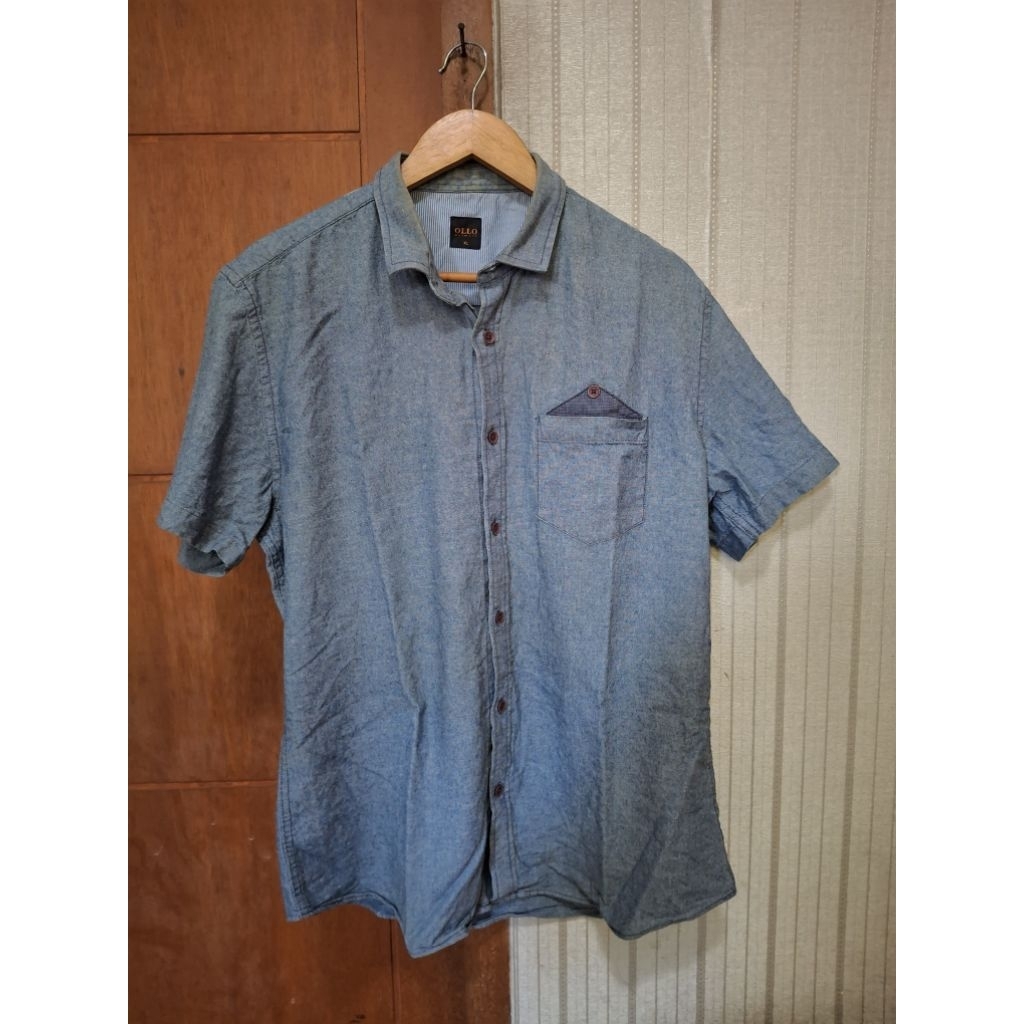 Kemeja Lengan Pendek Warna Biru Denim Size XL Slim Fit Merek Ollo
