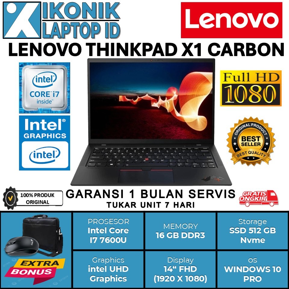 Laptop Ringan Lenovo Thinkpad X1 Carbon Intel i7-7600U Ram 16GB 512GB Ssd14.0 Full HD