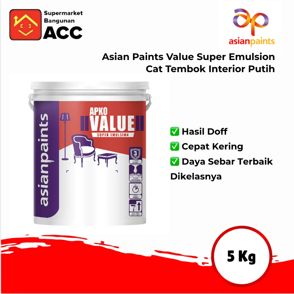 Asian Paint Value Super Emulsion 5Kg White Cat Tembok Interior Putih