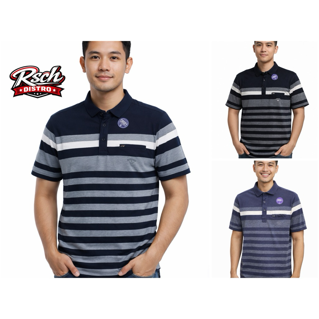 Kaos Kerah Fashion Pria CRS 91 Original Salur Garis Besar L-XXL (Kancing Kantong)