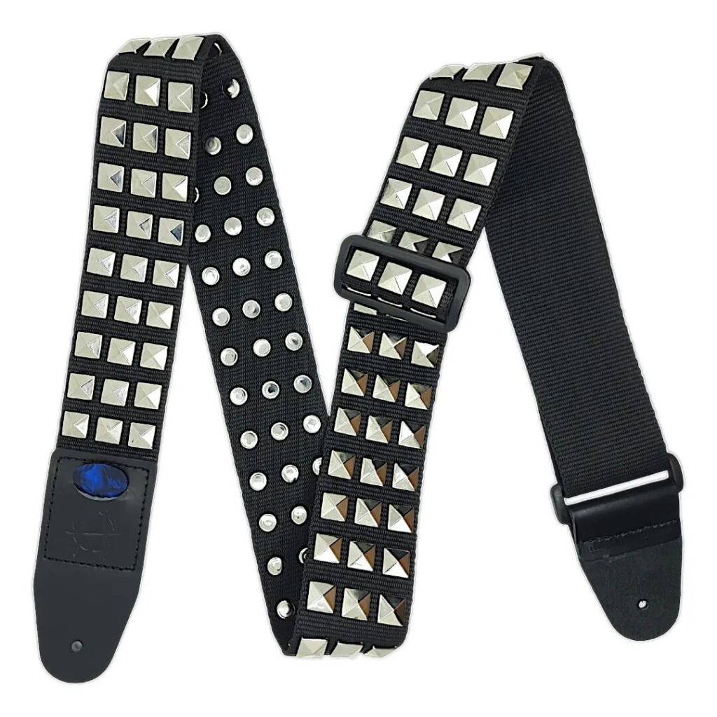 Strap gitar/bass spike piramid chrome 3baris bahan webbing+kulit asli