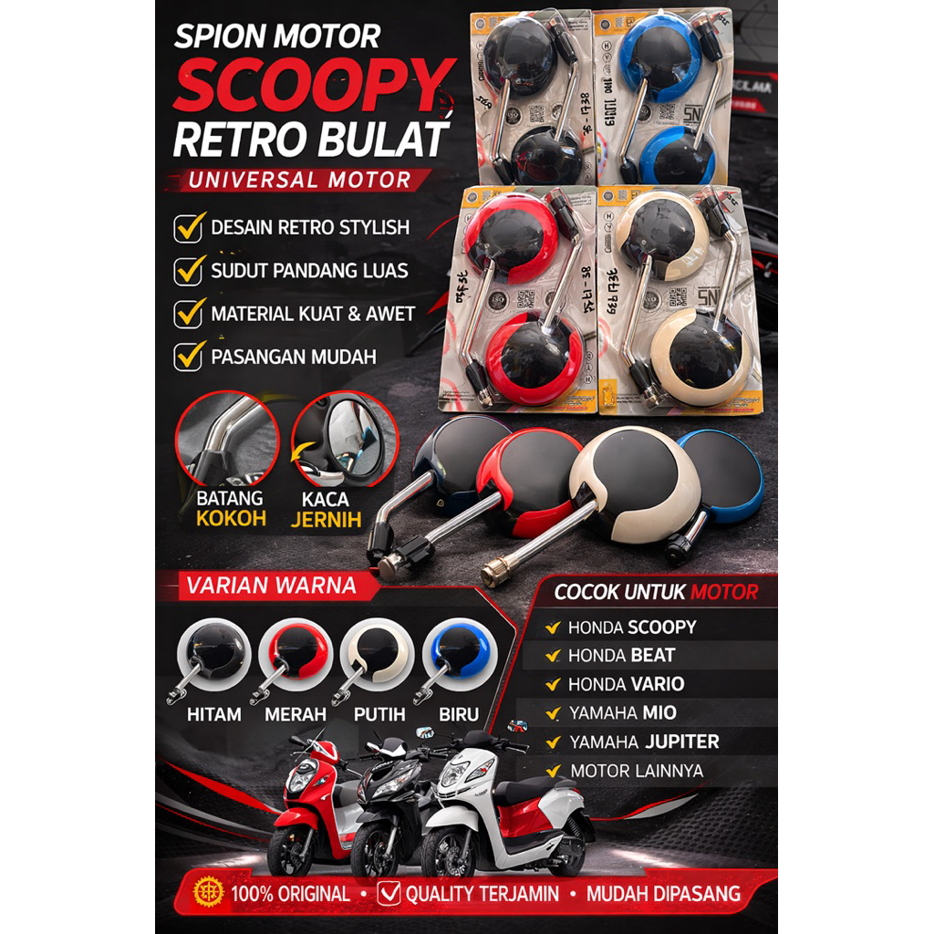 Spion Motor Retro Scoopy Tangkai Chrome Universal Spion Bulat Variasi Motor