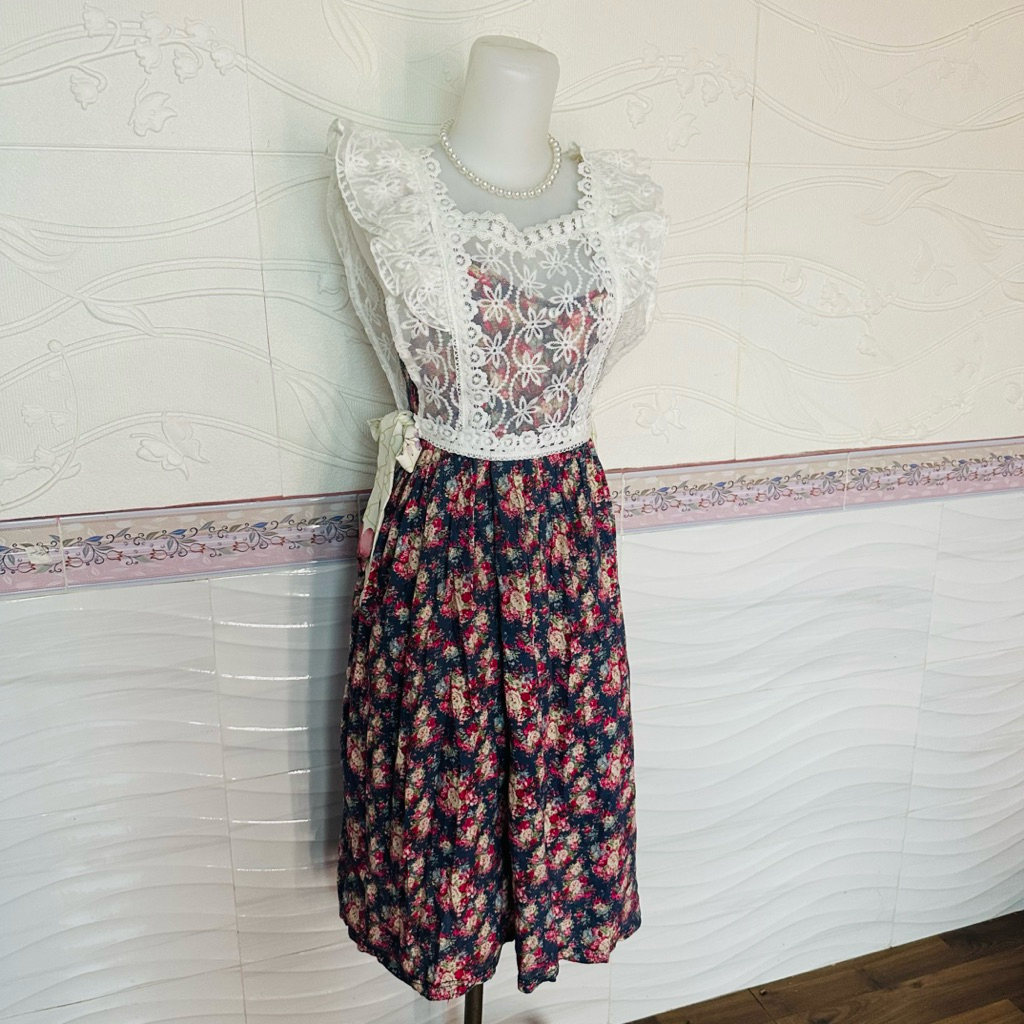 biru bunga mawar Vintage OL dress plove tanpa brokat outer