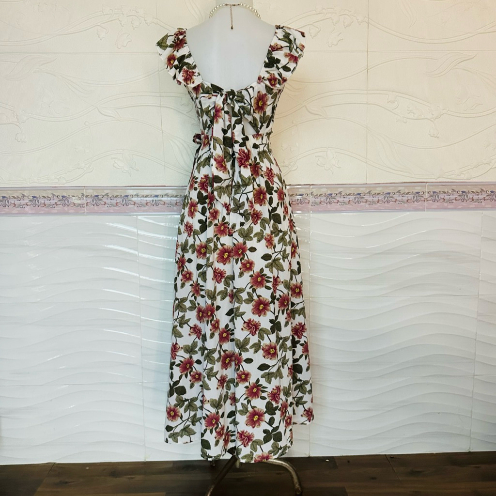 putih OL pantai ruffle backless bunga merah long Dress