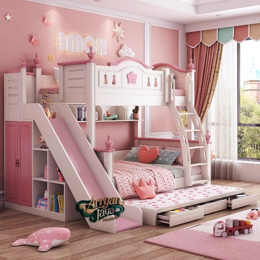 tempat tidur tingkat anak perempuan extra lemari / ranjang susun / kasur tingkat