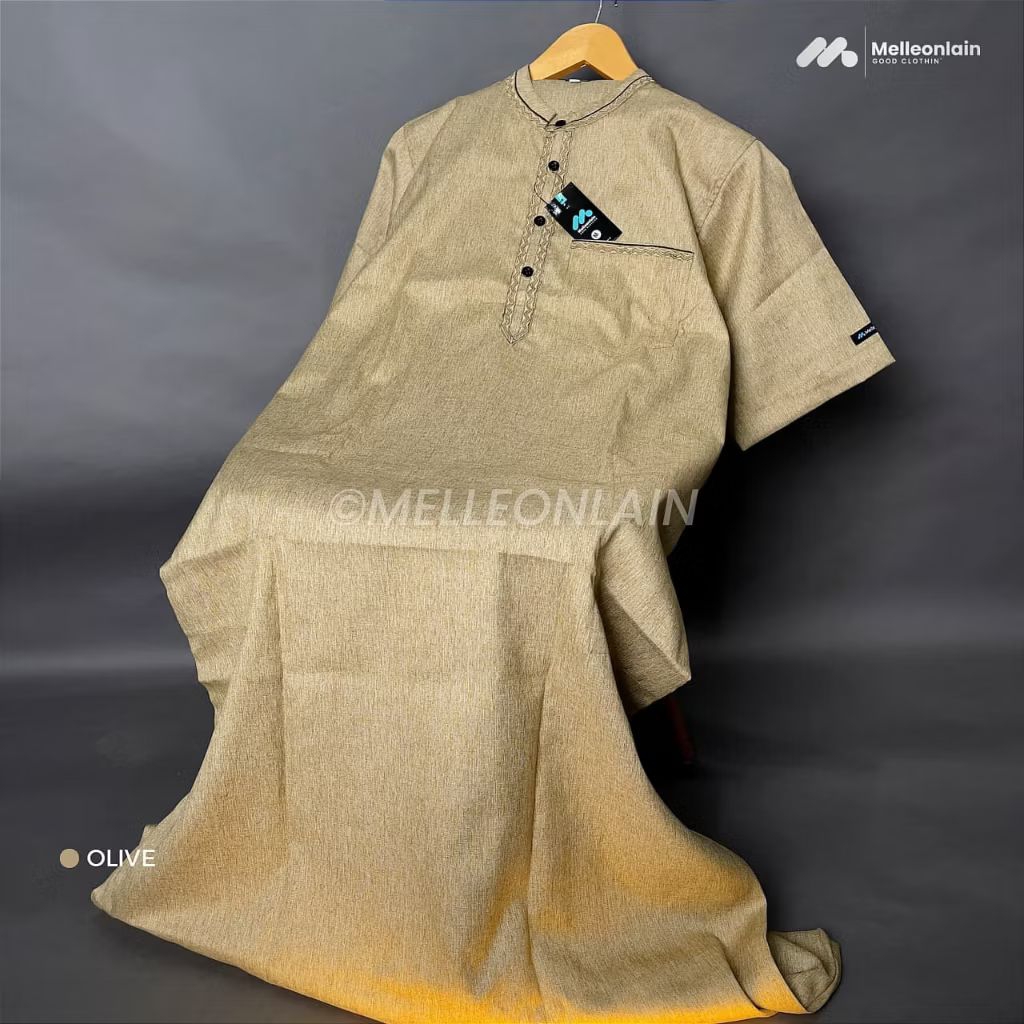 Gamis Pria Jubah Madinah Bordir Lengan Pendek Katun Kerah Shanghai Casual Melleonlain