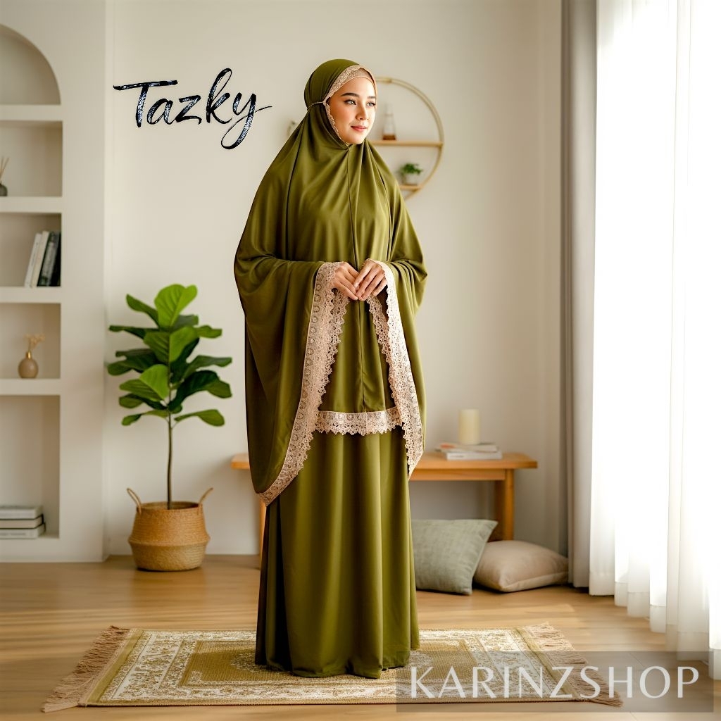 TAZKY - MUKENA Dewasa Renda Setelan Katun Premium Jumbo Bahan Halus dan Adem ( OLIVE GREEN )