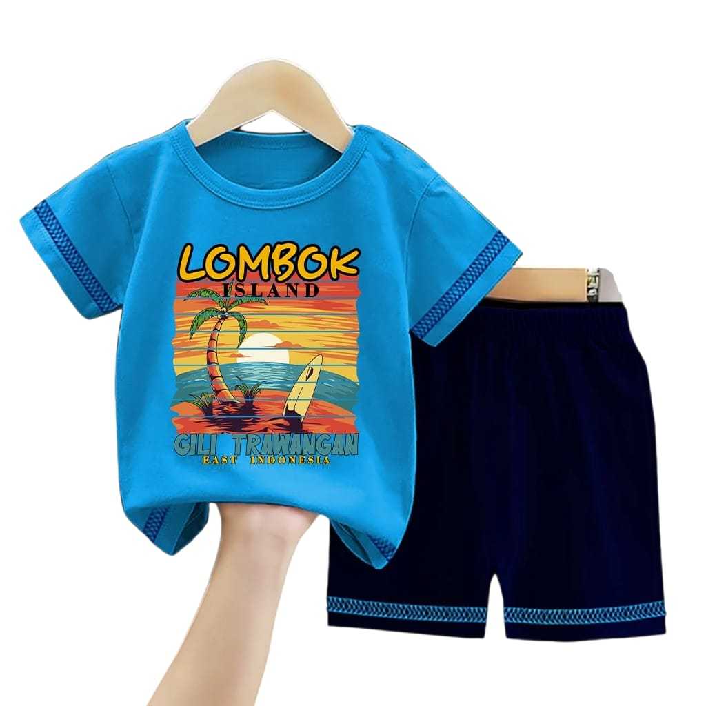 AsherShop - Kaos Stelan Anak Laki Laki Perempuan Warna Motif Lombok Island Kaos Stelan uMUR 1-10 Tah