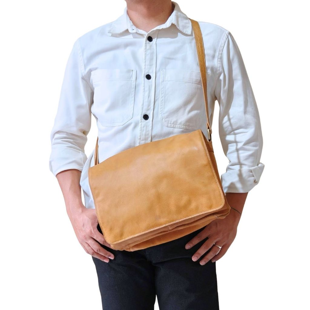 Leather Messenger Bag in Mustard