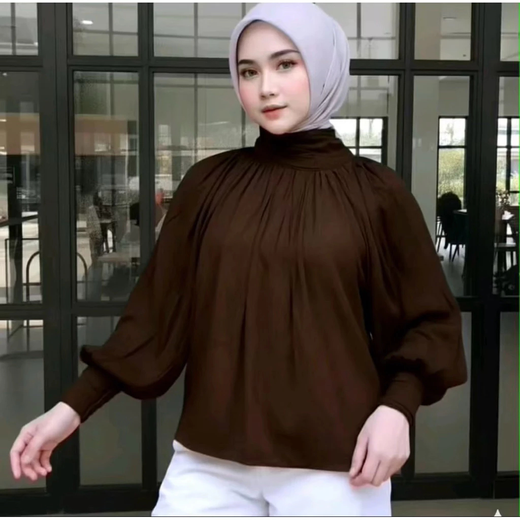 Leya Blouse Atasan Rayon Twill Premium Model High Neck & Balon