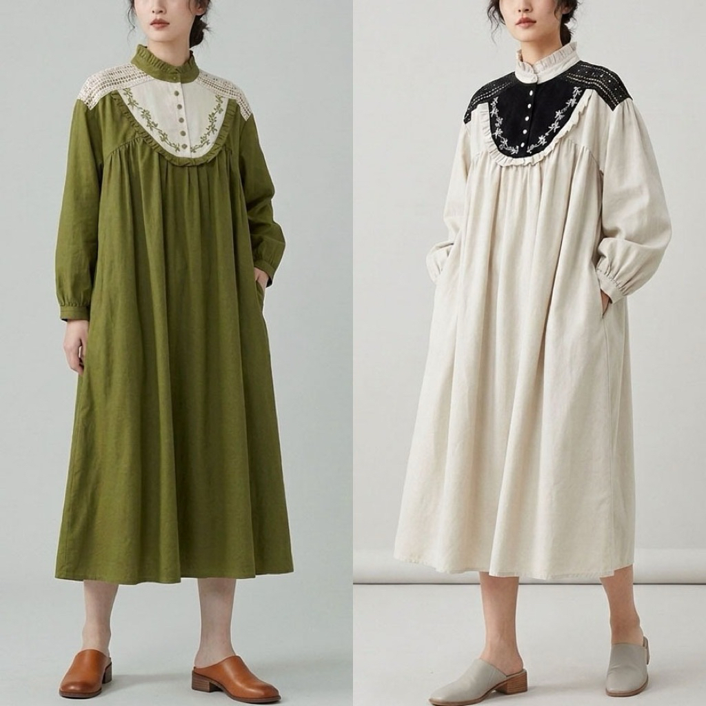 DRESS TUNIK OVERSIZE LINEN TWILL PREMIUM DUOTONE PUTIH GADING IVORY HITAM HIJAU HIGHNECK BAHU RENDA 