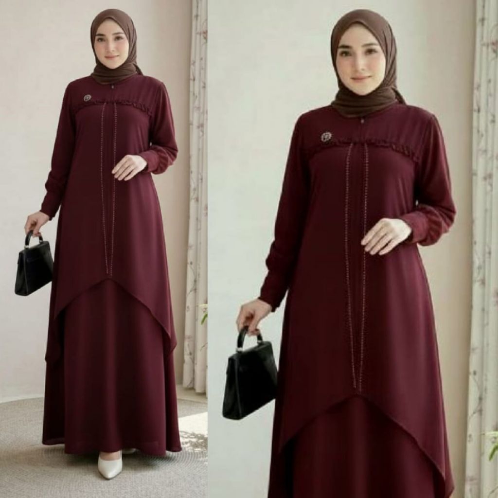 Gamis Fashion Muslim Wanita Naura Dress Bahan Ceruty Brokat Mix Payet Mewah Model Rompi Dua Lapis/Ga