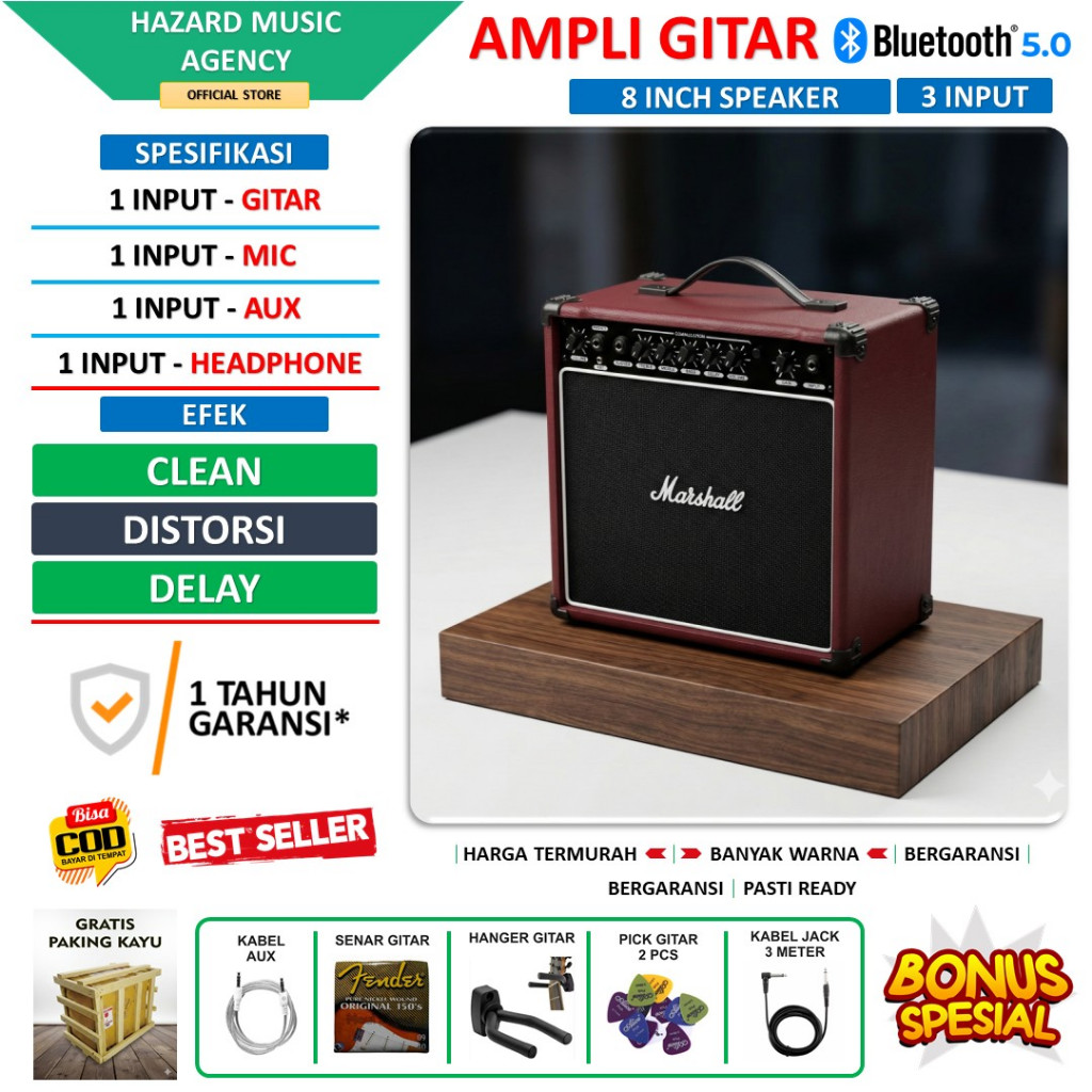 Ampli gitar & bass 8 Inch 3 input bluetooth bisa untuk karaoke ada efek distorsi delay merah