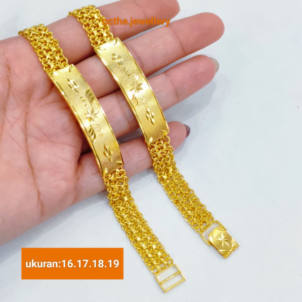 Gelang Rante Plat Ukir Perak Asli 925 Lapis Emas