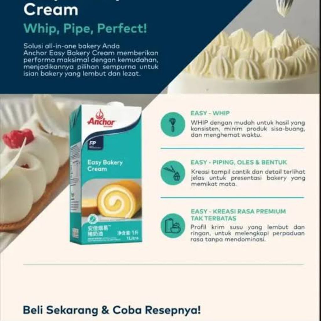 [ 1 LITER ] ANCHOR EASY BAKERY cream 1 lt / extra yield ANCHOR cooking cream krim masak whip Elle & 