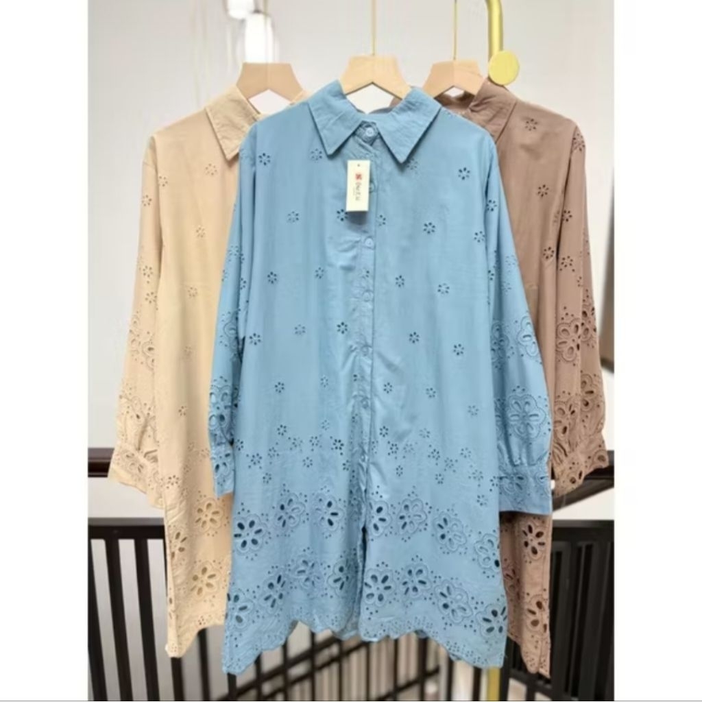 Baju Wanita Tunik Tunic Lebaran Tunik Katun Bolong Katun Bordir Kerah Renda