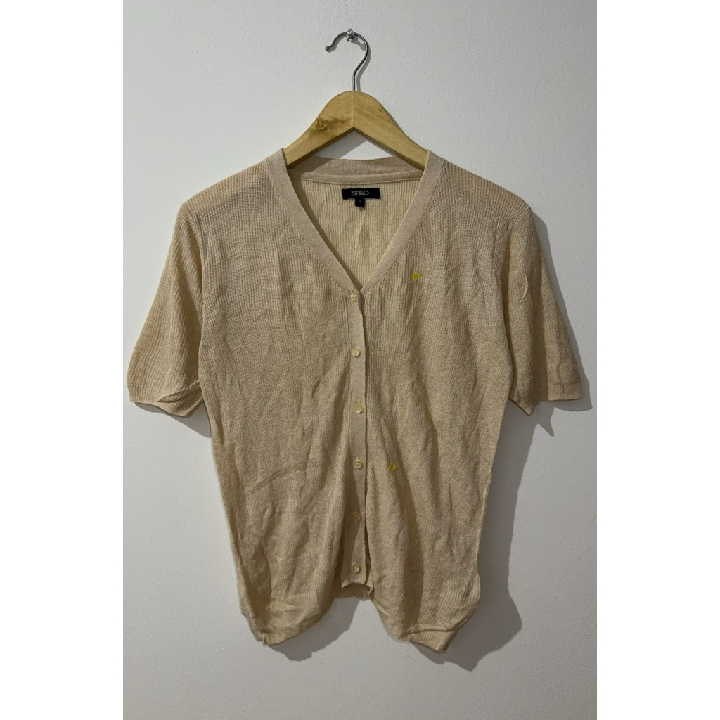spao light beige button knit top jaring lengan pendek