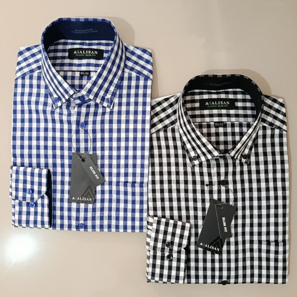 LENGAN PANJANG ALISAN Kemeja Pria Motif Kotak Kotak Bintik Slimfit