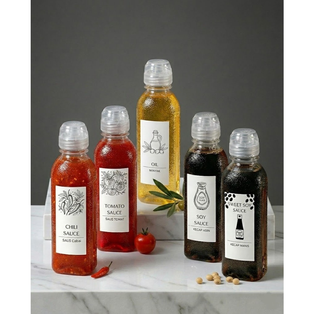 Botol Fliptop Pencet 500ml 1100ml 1.1Liter anti Tumpah Stiker Sticker Label Tanda Nama Bumbu Dapur Aesthetic 3x9CM Waterproof Vinyl Tahan Air Desain Minimalis Penanda Botol Minyak Chili Tomato Sweet Soy Sauce Oil Minyak Saus Cabai Tomat Kecap Asin Manis