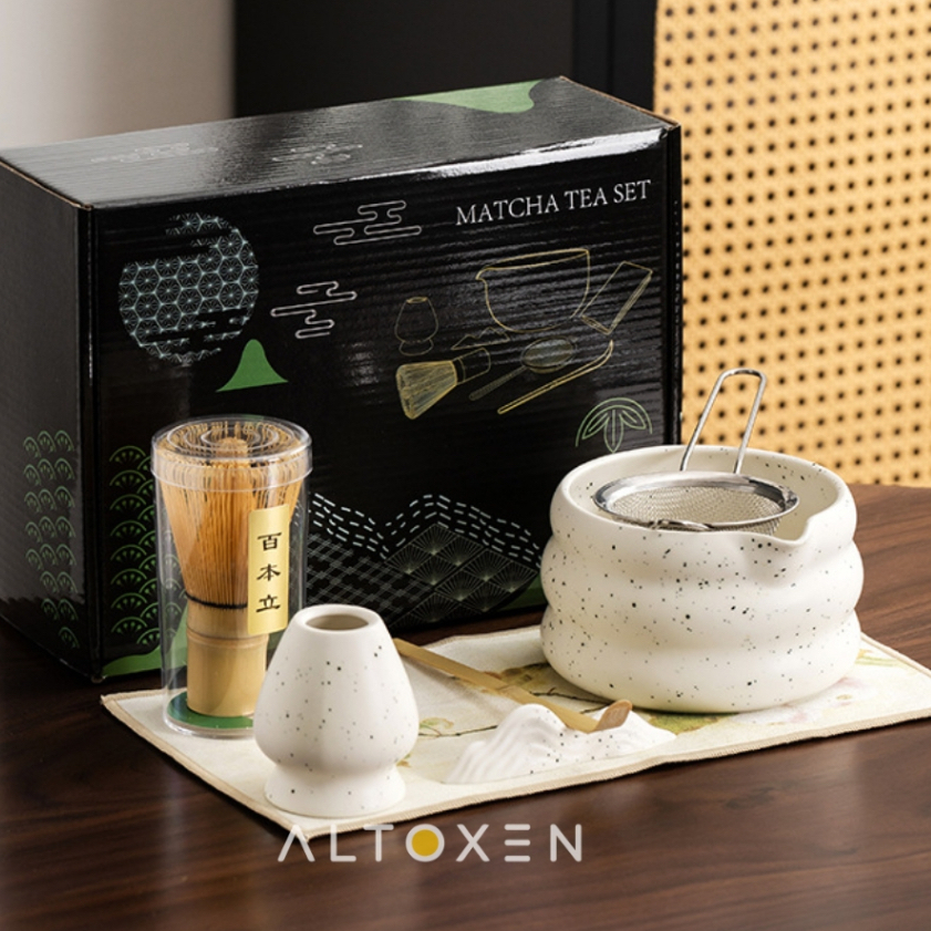 7 pcs Japanese Matcha Tea Set Sandy Glaze Matte White Polkadot Set Matcha Jepang Premium Mangkuk Ker