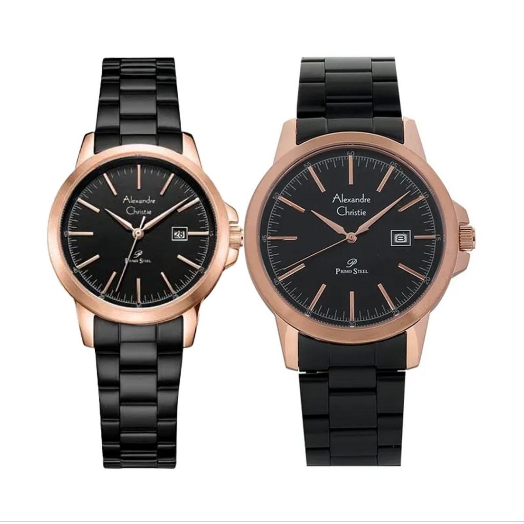 Jam Tangan Couple Alexandre Christie AC 1008 MD AC 1008 LD Black Rosegold stainless steel Band