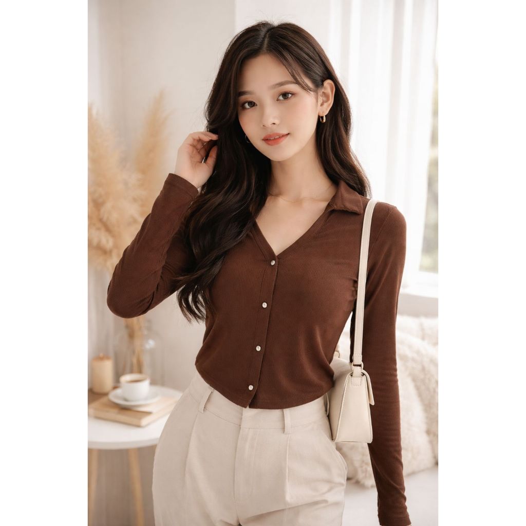 Rib Top krah Kancing 4 Atasan Wanita Lengan Panjang Kancing