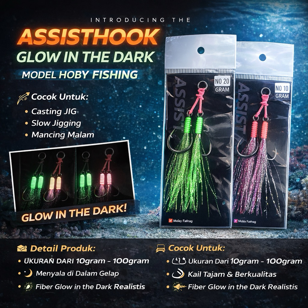 Assist Hook Glow in The Dark Jigging 10g–100g Kail Pancing Jig Bercahaya Hoby Fishing