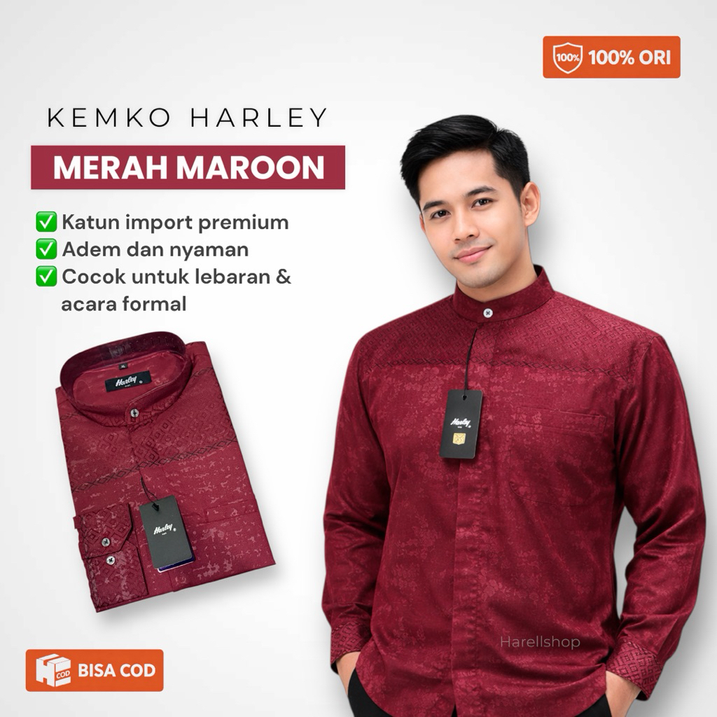 Kemko Harley Merah Maroon Motif | Kemeja Koko Pria Lengan Panjang | Baju Koko Modern Premium