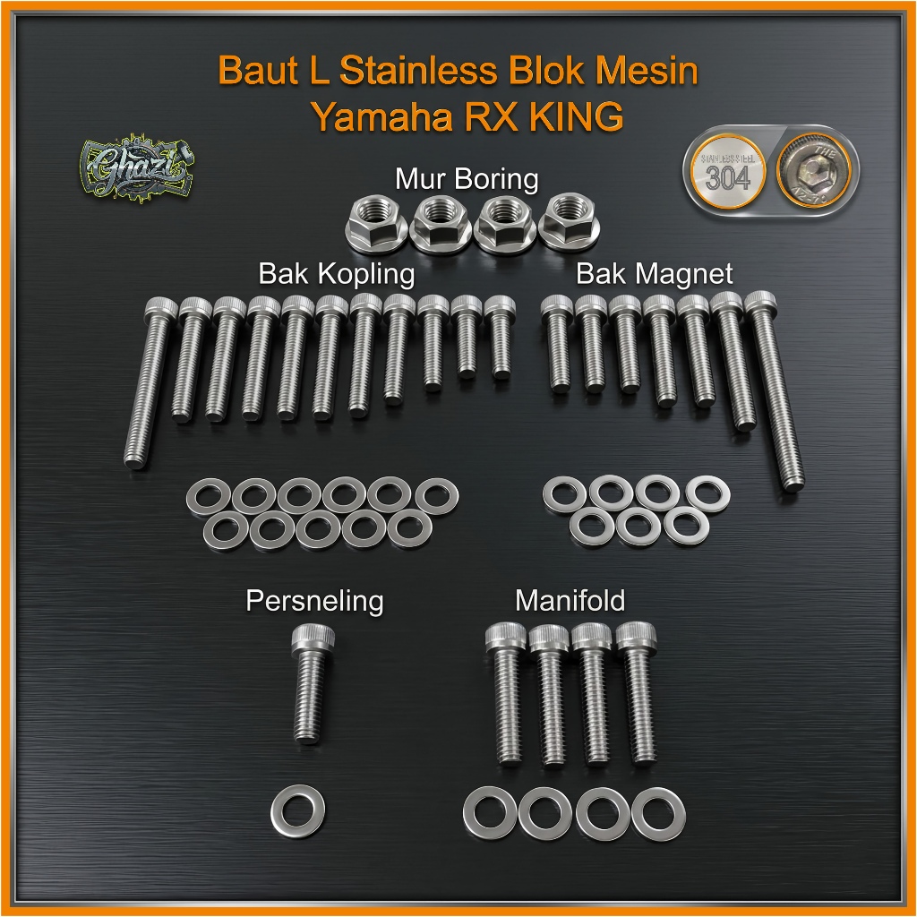 Ghazi Baut Mesin YAMAHA RX KING Baut L Stainless THE Anti Karat  100% FULL SET RX KING