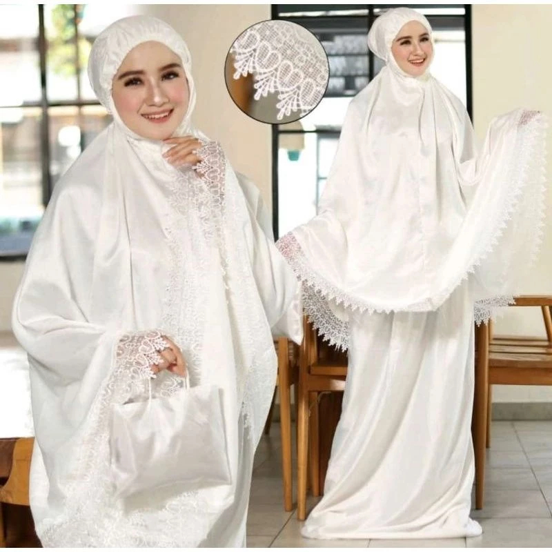 Mukena Velvet Semi Sutra Bunga Renda Putih Gold Katun Motif Dewasa Mewah