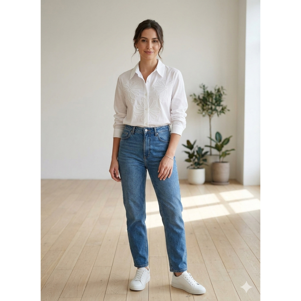 Blus Asimetris Kombinasi BORDIR dan Katun Warna PUTIH  Bahan Adem