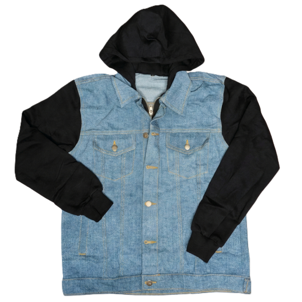 Prudels Jaket Denim Hoodie Pria Official Series - Jaket Jeans Lengan Hitam Fleece - Hoodie Denim Dis