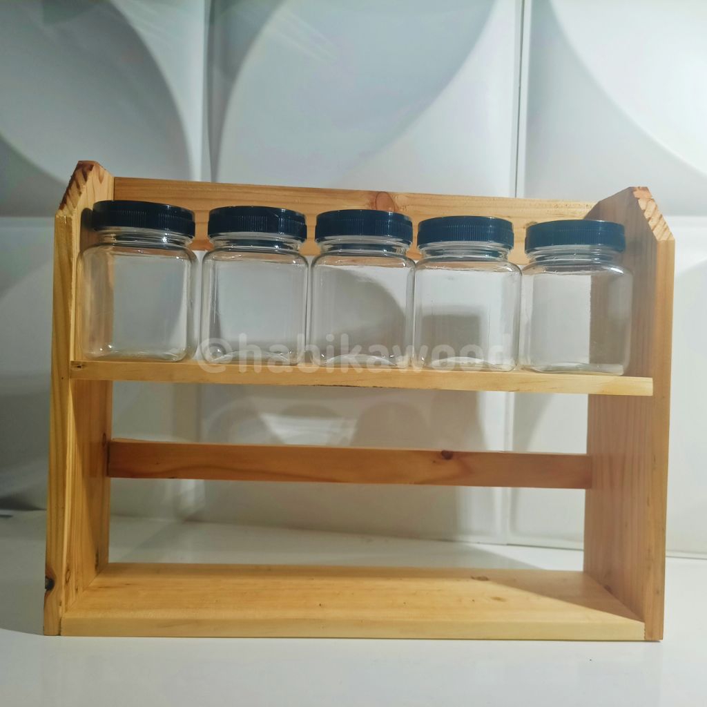 Rak Bumbu Kayu 2 Susun + 5 Toples | Rak Kayu Bumbu Dapur
