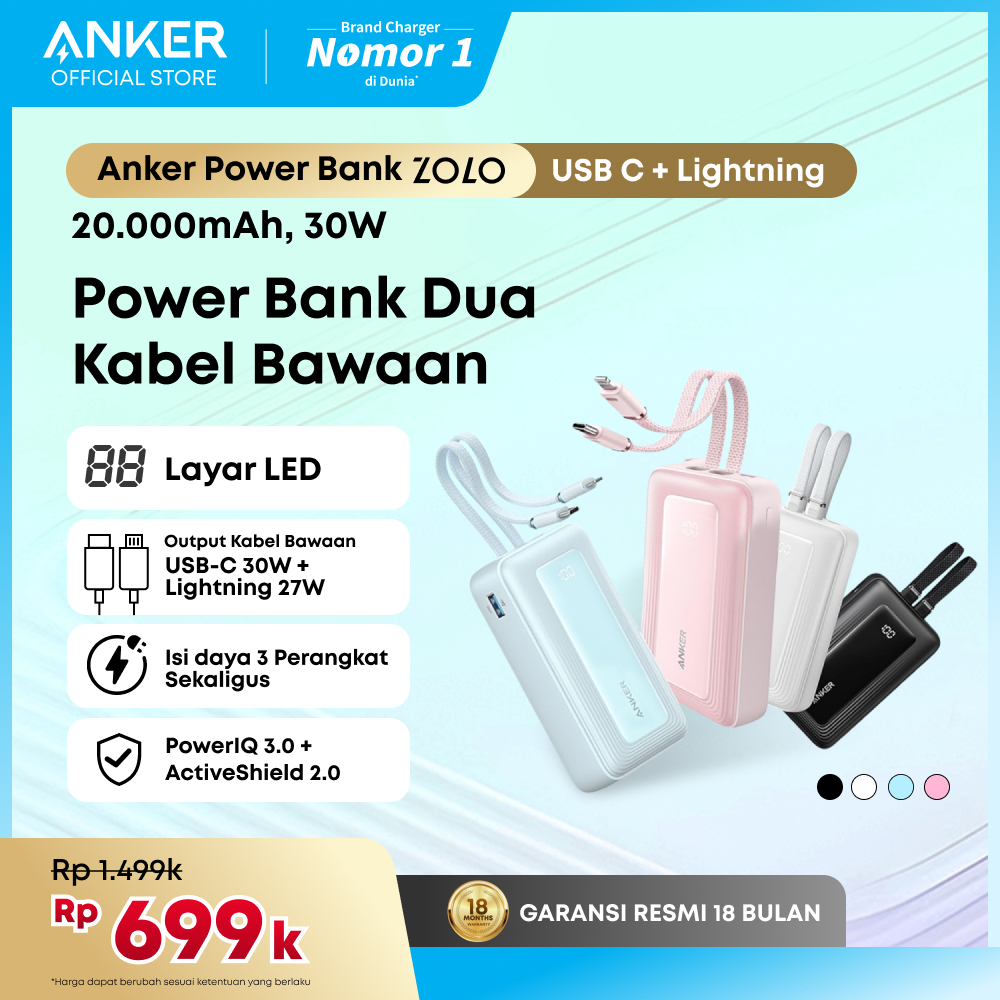 Anker Zolo Power Bank 20.000mAh 30W Max Fast Portable Charger with Built-in USB-C and MFi Certified 
