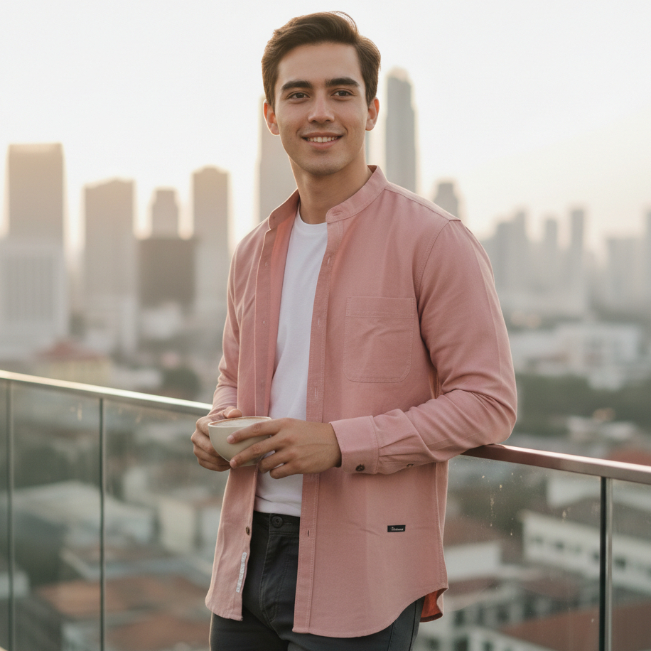 Hanzain Syamil Series - Kemeja Koko Pria Lengan Panjang Warna Pink Saleem - Katun Premium