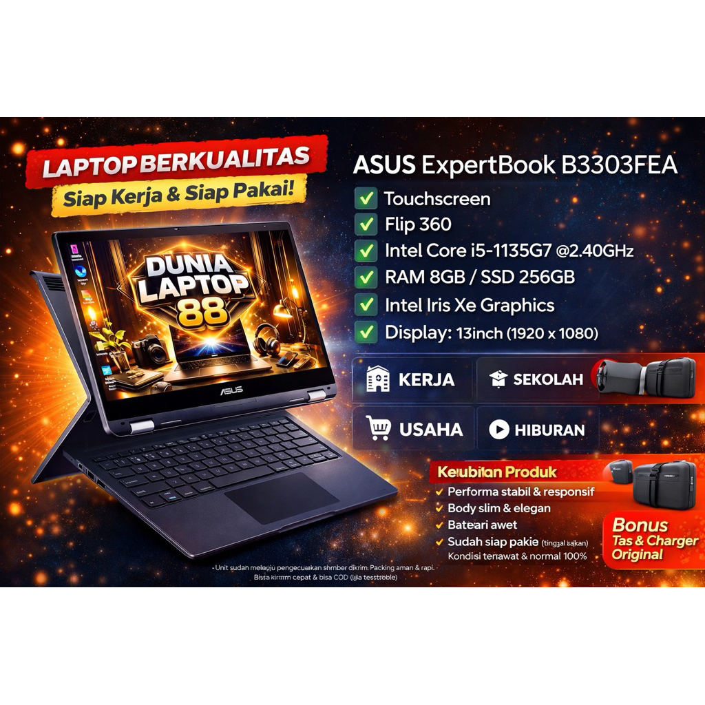 Asus ExpertBook B3303FEA Core i5 Gen 11 Ram 8 SSD 256 Flip Touchscreen - Siap Pakai