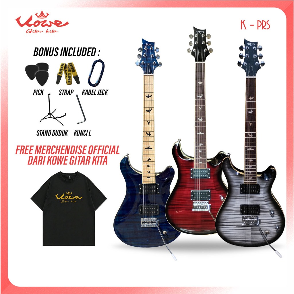 Paket Hemat Gitar Listrik / Gitar Elektrik Model K-PRS Merk Kowe Original Bonus Kaos