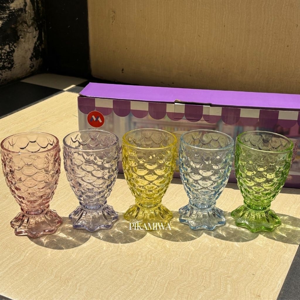 (MOTIF RANDOM) 5 PCS GELAS KAKI KHALIA/KHANSA gelas kaki kaca cantik warna warni