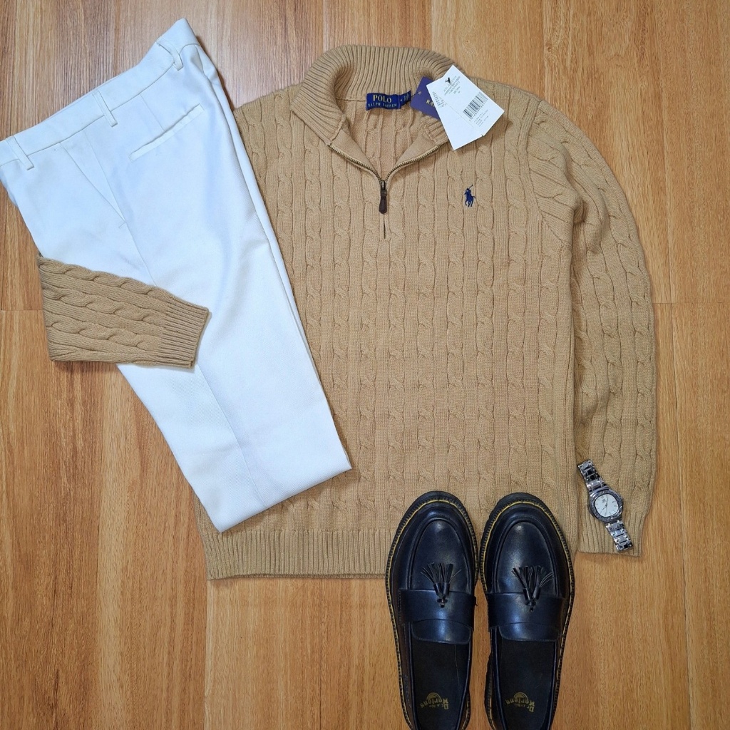 New Cable Knit Quarter Zip Sweater Brown Polo Ralph Pria Wanita Cotton Original