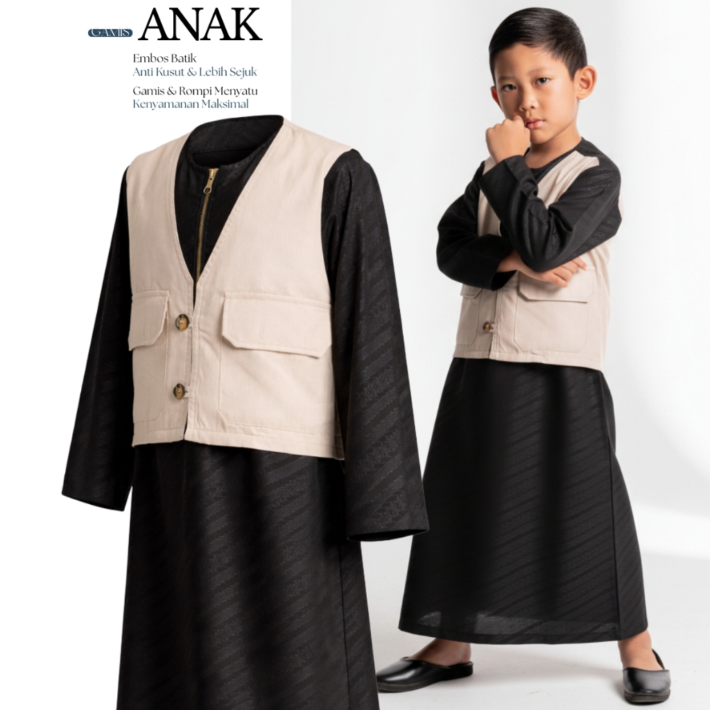 FOBDG Gamis Rompi Anak Laki - Laki Lengan Panjang Motif Embos Bungur