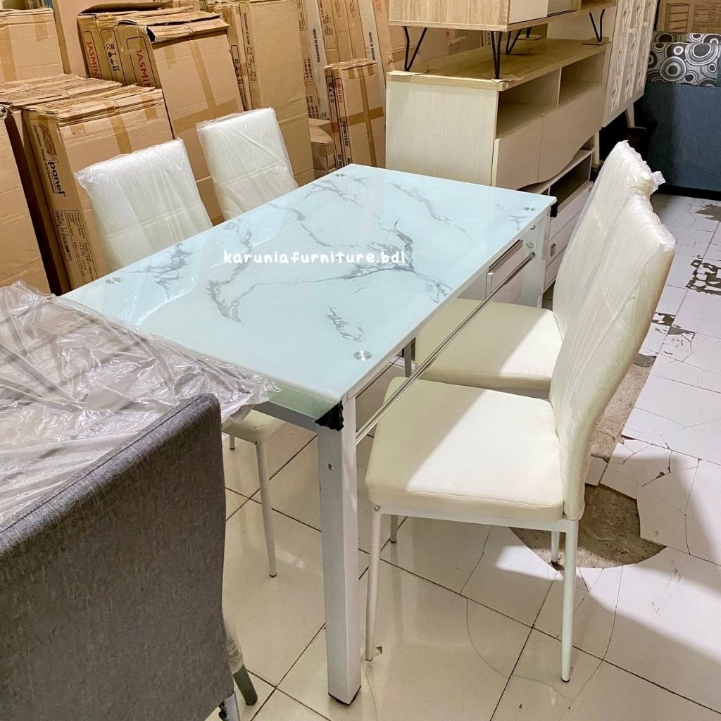 READY MEJA MAKAN PEVITA MARBLE 4 KURSI | FREE ONGKIR BANDAR LAMPUNG