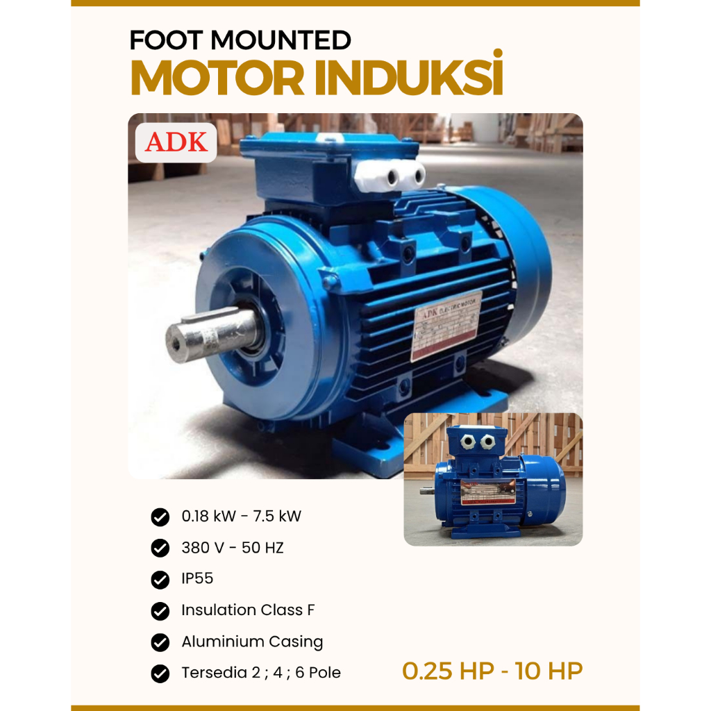 Dinamo Listrik B3 - ADK Motor Induksi 5.5 HP 4000 Watt Rpm 3000 Foot Mounted IP55
